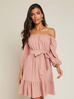Styli - Pink Cotton Off Shoulder A-line Mini Dress With Self Belt (Set of 2)