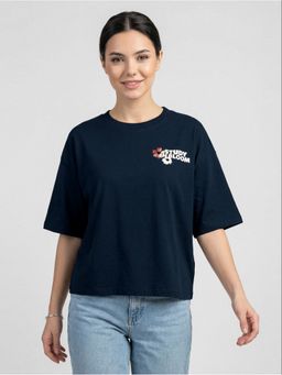 R&B - Navy Blue Solid Women Short Sleeves Top