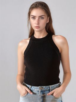 98 Degree North - Women Solid Sleeveless Ribbed Fitted Black Tank Top