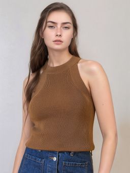 98 Degree North - Women Solid Sleeveless Ribbed Fitted Brown Tank Top