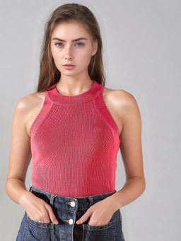 98 Degree North - Women Solid Sleeveless Ribbed Fitted Pink Tank Top