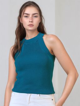 98 Degree North - Women Solid Sleeveless Ribbed Fitted Teal Tank Top