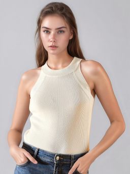 98 Degree North - Women Solid Sleeveless Ribbed Fitted White Tank Top