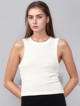 98 Degree North - Women Off White Ribbed Cotton Tank Top
