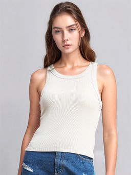 98 Degree North - Women Beige Ribbed Cotton Tank Top