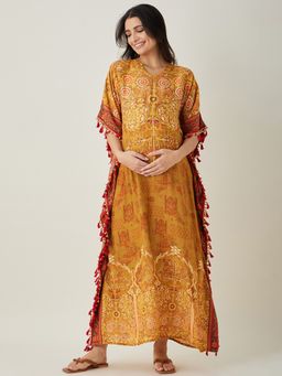 The Kaftan Company - Mustard Intricate Floral Printed Maternity Kaftan
