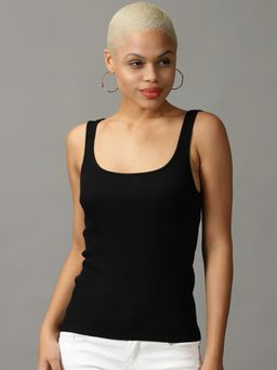 SHOWOFFFF - Womens Shoulder Straps Fitted Solid Black Regular Top