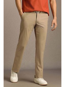 Louis Philippe - Men Beige Solid Flat Front Casual Trouser