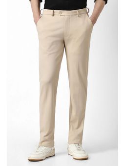 Peter England - Men Beige Textured Formal Trouser