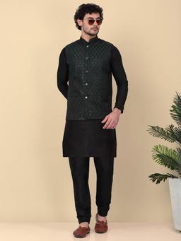 Kraft India - Men's Silk Blend Kurta and Churidar with Embroidered Green Nehru Jacket (Set of 3)