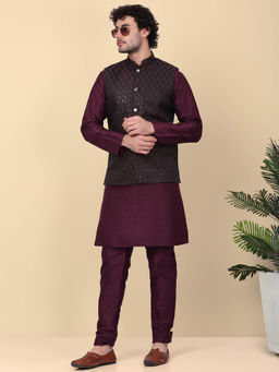 Kraft India - Men's Purple Silk Blend Kurta and Churidar with Embroidered Nehru Jacket (Set of 3)