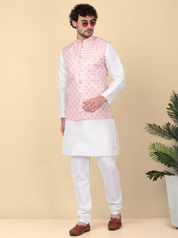 Kraft India - Men's Silk Blend Cream Kurta and Churidar with Pink Nehru Jacket (Set of 3)
