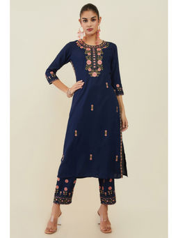 Soch - Womens Navy Blue Rayon Floral Embroidered Kurta (Set of 2)