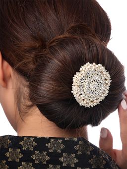 Yellow Chimes - Gold-Plated and White Kundan Studded and Pearl Beaded Ambada Juda Pin