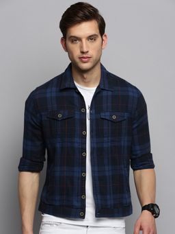 SHOWOFFFF - Men's Spread Collar Checked Navy Blue Open Front Jacket