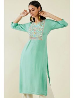 Soch - Women Green Rayon Embroidered Kurta