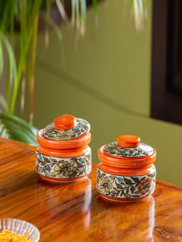 ExclusiveLane - Mughal Bagheecha Hand-painted Ceramic Jars With Lids (Set of 2, 220 ML)