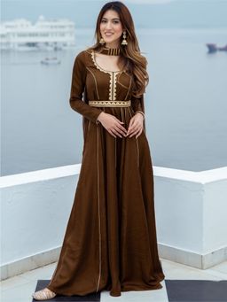 Lavanya The Label - Chocolate Brown Silk Long Dress With Dupatta (Set of 2)