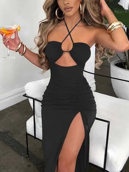 MISS MOSA BY AKANKSHA - Luther Strappy Midi Slit Dress In Black