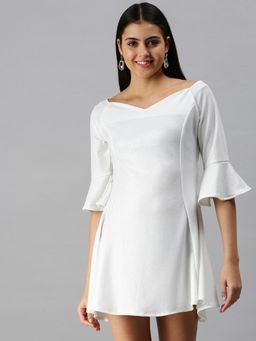 SHOWOFF - Women White Solid Sweetheart Fit and Flare Dress