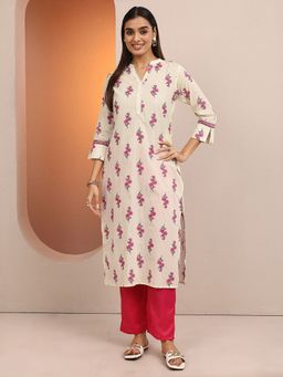 Libas - Off White Floral Printed Cotton Straight Kurta for Women