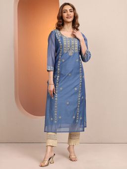 Libas - Blue Embroidered Chanderi Silk Straight Kurta for Women
