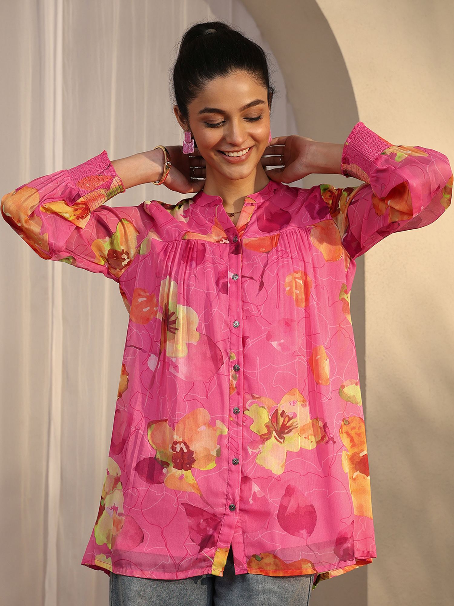 libas Floral Printed Chiffon Straight Shirt for Women-picture-12