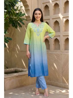 Aurelia - Women's Lime Green Ombre Thread Work Straight Kurta