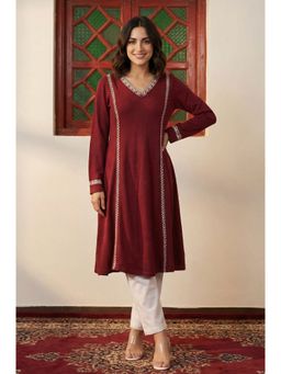 W - Maroon Embroidered Thread Work Acrylic A-Line Kurta