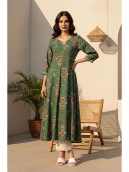 W - Green Floral Printed Zari Kurta