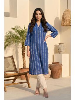W - Blue Striped Pure Cotton Straight Kurta