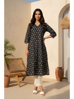W - Charcoal Printed Lace Pure Cotton A-Line Kurta