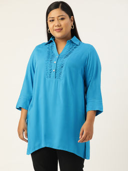 theRebelinme - Plus Size Womens Teal Solid Colour Shirt Collar Tunic Top