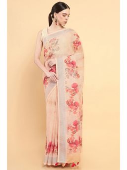Soch - Women Peach Linen Printed Saree with Stitched Blouse