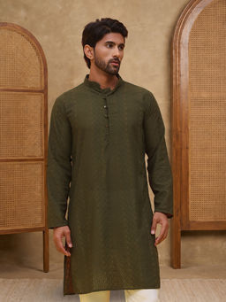 Jompers - Olive Embroidered Cotton Kurta for Men