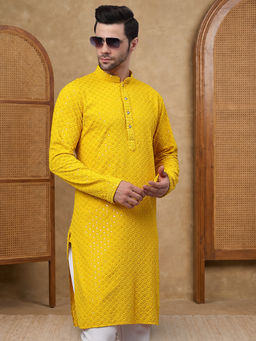 Jompers - Yellow Sequin Embroidered Pure Cotton Kurta