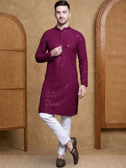 Jompers - Wine Sequin Embroidered Pure Cotton Kurta