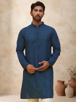 Jompers - Teal Embroidered Cotton Kurta for Men