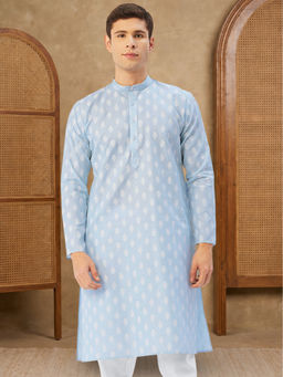 Jompers - Blue Men Sky and White Floral Printed Kurta