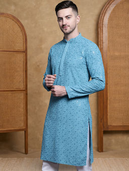 Jompers - Blue Sequin Embroidered Pure Cotton Kurta