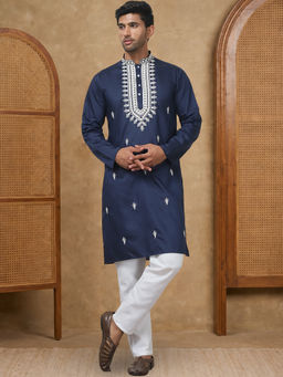 Jompers - Navy Blue Men's Collar Embroidered and Sequin Kurta