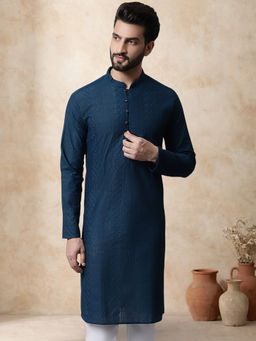 Jompers - Teal Embroidered Cotton Kurta for Men