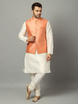 Uri and MacKenzie - Kurta and Pyjama with Degine On Nehru Jacket-Peach