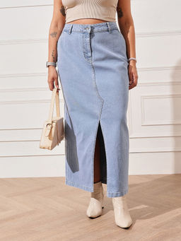 CURVY STREET - Blue Cotton Blend Mid Waist Solid/Plain Maxi Skirt