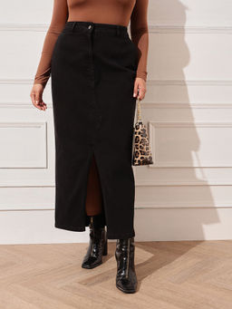 CURVY STREET - Black Cotton Blend Mid Waist Solid/Plain Maxi Skirt