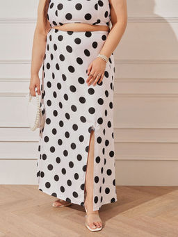 CURVY STREET - White Polyester Mid Waist Polka Dots Maxi Skirt