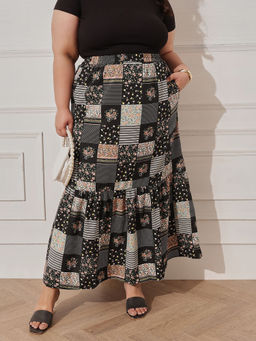 CURVY STREET - Black Polyester Mid Waist Printed Maxi Skirt