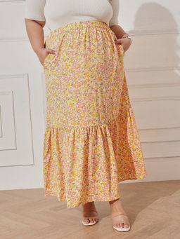 CURVY STREET - Yellow Polyester Mid Waist Printed Maxi Skirt