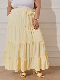 CURVY STREET - Yellow Polyester Mid Waist Solid/Plain Maxi Skirt