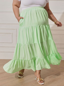 CURVY STREET - Green Polyester Mid Waist Solid/Plain Maxi Skirt